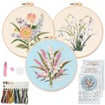 Myfelicity Embroidery Kit for Adults and Beginners, Includes 3 Floral Pattern Fabrics, 3 Embroidery Hoops, Embroidery Floss and otherTools.