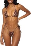 Women Halter String Bikini Set Sexy Thong Cheeky Two Piece Swimsuits Solid Color Bathing Swimwear, Coffee Polka Dots, Large