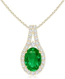 Angara Natural Emerald Pendant for Women | 0.66 ct Oval Shape Emerald Diamond Halo Pendant Necklace in Yellow Gold | May Birthday, Anniversary, Gemstone Jewelry Gift | AAAA | 7x5mm