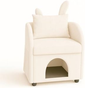 imflmats Beige Bunny-Ear Pet-Friendly Armchair, Cozy Dual-Use Pet-Friendly Armchair Sofa Chair with Built-in Cat and Dog Hideaway, Built-in Cat Hideaway Chair Soft Upholstered Lounge Seatin