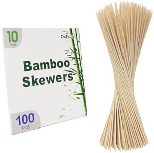 DaTpuik 10 inch Natural Bamboo Skewers for Barbecue Party，Fruit，Kabob，Appetiser，Hamburger，Cocktail，Craft，Bouquet，Chocolate Fountain，Corn Dog, diameter=4mm. More Size Choices 6"/8"/10"/12"(100 PCS)
