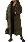 Shanfetl Women Long Quilted Coat Hooded Maxi Length Long Sleeve Puffer Jacket Padded Coat Winter Outerwear, Army Green, Large