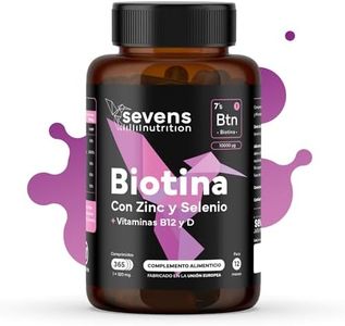 Biotina 10.000 mcg - Suministro para 1 Año - Vitaminas para el cabello - 365 Comprimidos - Enriquecido con Zinc, Selenio y Vitaminas B12 y D - Contribuye a Fortalecer Pelo, Piel y Uñas - Sevens