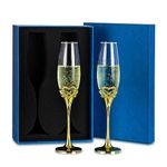 Nuptio Champagne Flutes Glasses Gold: Wedding Glasses Set of 2 Crystal Champagne Flute Gift Boxed, Prosecco Glass Gift Set for Couples Engagement Toasting Bridal Showers Anniversaries Party