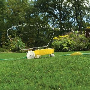 Nelson Rain Train Traveling Lawn Sprinkler – Heavy Duty, Large Area, Yellow