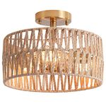 3-Light Antique Gold Woven Flush Mount Ceiling Light Fixture Coastal Rustic Brass Hemp Rope Semi Flush Mount Ceiling Light for Hallway Bedroom Kitchen Entryway Farmhouse Living Room