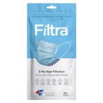 Filtra® 3-Ply Ear Loop Surgical Mask- Blue, BFE>99% (Pack of 20 In Easy To Carry Pouch Pack). High Filtration, Breathable, Hypoallergenic, Ergonomic, Fluid Repellent, Improved & Enhanced Courier Pack