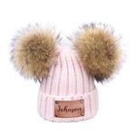 Personalized Baby Beanies Hat,Custom Name Leather Patch Beanies 0-5y Baby&Child Pompom Beanie Hat Beanies Caps for Toddler Boys Girls Adul,Winter Warm Cuffed Ski Cap(Child)