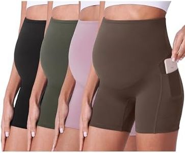 POSHDIVAH 4 Pack Black Pink Green Dark Brown Maternity Biker Shorts Over The Belly Summer Comfy Pregnancy Yoga Active Workout Athletic Short Pants 5" Medium