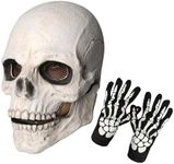 KJOCOS Skull Mask Moving Jaw Halloween Creepy Skeleton Latex Mask with Gloves Full Head For Adults Party Costumes (White)