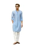 See Designs Men Full Sleeve Turquoise Blue Chanderi Silk Sequins Cotton Mandarin Collar Side Slit Kurta With Pyjama - SDMKT144401XL