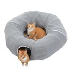 PAWZ Road Plush Cat Tunnel Bed for Indoor Cats, 2 in 1 Donut Cat Tunnel with Bed, Round Cat Play Tunnel Toy with Washable Cushion for Kittens, Puppies, Rabbits and Ferrets, Diameter 85cm, Grey