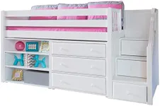 Maxtrix Solid Hardwood Twin-Size Low Loft Bed with Storage Staircase Entry, Bookshelf and 3 Drawer Dresser, White