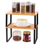 HAITRAL Cupboard Shelf Organiser Set of 2, Kitchen Shelf Organiser, Spice Rack, Wooden and Metal Frame, Expandable and Stackable Storage Shelf for Cupboard Pantry Cabinet Countertop