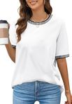 MEROKEETY Women's Summer Trendy Short Sleeve T Shirts Striped Contrast Color Basic Tops Blouse, White, XXL