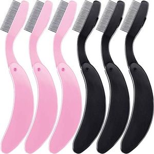 TecUnite Folding Eyelash Comb, Stainless Eyebrow Comb Eyelash and Brow Makeup Brush (3 Black and 3 Pink)