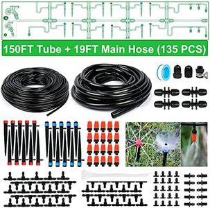 Drip Irrigation Kit, 169FT Greenhouse Watering System, 1/4 inch Automatic Patio Misting System for Garden with Distribution Tubing Hose & Adjustable Nozzle Emitters Sprinkler Barbed Fittings