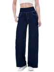 Chasehot Pull on Wide Leg Jeans for Women, High Waisted Stretchy Baggy Trendy Tummy Control Straight Leg Jeans Denim Pants,Dark Blue-XL