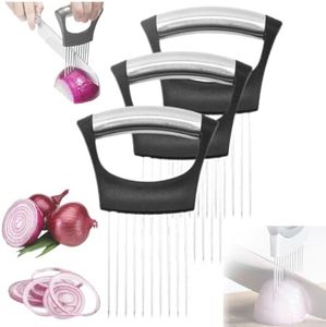 Stainless Steel Onion Holder for Slicing, Onion Slicer Holder, Onion Cutter for Slicing of Onions, Tomatoes, Avocados, Eggs and Other Vegetables Kitchen Utensils (Black, 3 Pack)