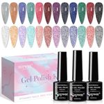 SUPWEE Reflective Glitter Gel Polish Nail 12 Colors Sparkle Gel Nail Polish Silver Pink Blue Shimmer Holographic Nail Gel Polish Manicure Soak Off Lamp Gel Home DIY Varnish