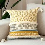 Modern Homes Boho Tufted Decorative Throw Pillow Covers for Couch Sofa - Moroccan Style Cushion Covers with Tassels, Accent Decor Pillow for Bedroom Living Room (Yellow, 18x18 inch)