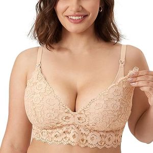 MOMANDA Women's Lace Nursing Bra Wirefree Padded Breastfeeding Maternity Bralette Cute Beige 32A