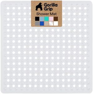 GORILLA GRIP Patented Square Shower Stall Mat, Small Bathtub Floor Mats for Stand Up Showers with Suction Cups and Drainage Holes, Machine Wash, Soft on Feet, Bathroom Accessories 53 x 53 cm, White