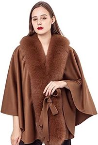 LVCOMEFF Women Wool Shawl Cape with Genuine Fox Fur Trimming Collar with Belt Plus Size (Brown)