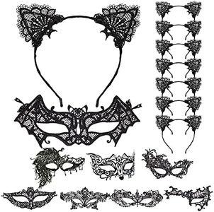 LOOPES Máscara de ojo de encaje Sexy Masquerade Mascarade Mascarada con 8pcs Lace Cat Ear Headband