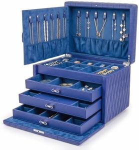 Homruilink Genuine Leather Jewelry Box for Women, 4 Layer, Blue