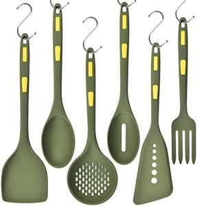 Collfa Kitchen Silicone Cooking Utensils Set Heat Resistant Kitchenware Nonstick Durable Kitchen Tools For Cooking,With Hooks 7 Pcs Slotted Spoon,Spatula,Stirring Fork,Spoon,Dishwasher Safe,Dark Green