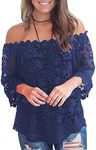 MIHOLL Women's Lace Off Shoulder Tops Casual Loose Blouse Shirts (Navy Blue, Small)
