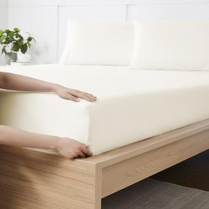 Queen Fitted Sheet Only with Full Elastic & Built in Corner Sheet Straps to Prevent Shifting - Soft & Breathable Brushed Microfiber Bottom Sheet, Queen, Ivory