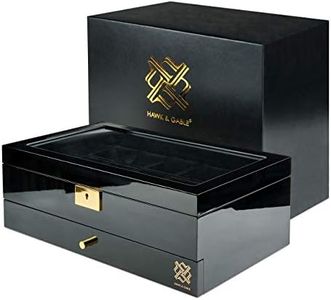 HAWK & GABLE Luxury 12 Slot Watch Box Organizer, Glass Display and Metal Lock, Wide Compartments Fit Large Watches, Plush Velvet Lining, Men’s Jewelry Case, Black Piano Finish (Pearson Valet)