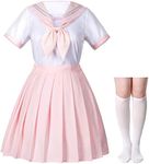 Elibelle Classic Japanese Anime School Girls Pink Sailor Dress Shirts Uniform Cosplay Costumes with Socks Hairpin set, White and Pink, Large