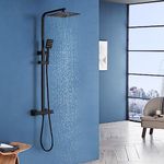 ROVOGO Black Thermostatic Shower Mixer Set Height Adjustable, 25 cm Square Rainfall Shower Head Stainless Steel, ABS Handheld Shower with Adjustable Holder, Twin Head Shower System for Bathroom