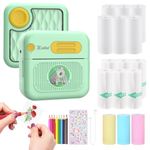 ZEITEL® Mini Bluetooth Thermal Printer, Portable Label Inkfree Mini Printer for Android & iOS System, Black on White Thermal Printer with 15 Rolls of Print Paper, 8 Colors of Pencils, Stickers, Green