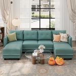 LLappuil Modular Sectional Sofa with Double Chaise, Faux Leather Fabric Convertible 112 Inch U Shaped Sectional with Ottomans, 6 Seater Reversible Modular Couch with Storage, Aqua Blue