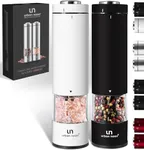 Electric Salt and Pepper Grinder Set - Battery Operated Stainless Steel Mills (1 Black Pepper Grinder + 1 White Salt Grinder) Automatic One Handed Operation Electronic Adjustable Ceramic Grinders