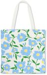 Kate Spade New York Canvas Tote Bag for Women, Cute for Work or Teacher, Beach Book with Pocket, Sunshine Floral, Blue