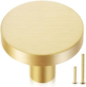 QOGRISUN 10-Pack Solid Brass Cabinet Knobs, 1-3/16-Inch Diameter, Round Gold Dresser Drawer Pulls Handles, Modern Kitchen Hardware, Brushed Brass Finish