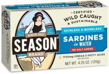 Season Sardines in Water – Skinless & Boneless, No Salt Added, Wild Caught, 22g of Protein, Keto Snacks, More Omega 3's Than Tuna, Kosher, High in Calcium, Canned Sardines – 4.25 Oz Tins, 12-Pack