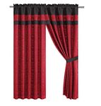 Chezmoi Collection Dynasty 4-Piece Jacquard Floral Window Curtain Set Sheer Backing Tassels Valance, Black/Red