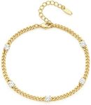 Bicsteno 14K Gold Plated Beaded Cuban Cubic Zirconia Simulated Diamond Station Infinity Chain Bracelets for Women | Adjustable Chain Bracelet, 7.5 inch, Cubic Zirconia