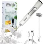 Rechargeable Milk Frother Handheld with 2 Attachments - Handheld Silver Electric Whisk Drink Foam Mixer, Mini Stirrer with 3 Adjustable Speeds for Coffee, Lattes, Shakes, and Eggs