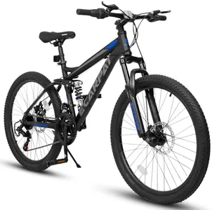 KWOJU Mountain Bike 27.5 Inch, 21-Speed Full Suspension Trail Commuter, High Carbon Steel Frame Disc Brakes Grip Shifter Front Fork Rear Shock Absorber (Black+Twist Grip Shift Gear Shifte, 24 inch)