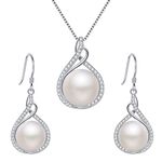 EleQueen Infinity Bridal Necklace Hook Earrings Set 925 Sterling Silver CZ Cream Freshwater Cultured Pearl Clear for Women