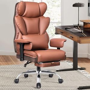 BESTFAIR Ergonomic Office Chair, Big and Tall Desk Chair with Footrest, High Back Recliner Computer Chair with Adjustable Arms for Home, 220kg Capacity, Brown