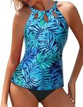 Yonique Two Piece High Neck Tankini Swimsuits for Women Tummy Control Bathing Suits Floral Print Swimwear, Blue Leaves, Small