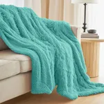 The Connecticut Home Company Throw Blanket, Soft Plush Reversible Shag and Sherpa, Warm Thick Throws for Bed, Comfy Washable Bedding Accent Blankets for Sofa Couch Chair, 65x50, Turquoise